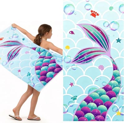 Kinder strandhanddoek - Zeemeerminstaart handdoek - Strand en zwembad - Sneldrogend en zandvrij - 76 x 150 cm - Zeemeerminstaart
