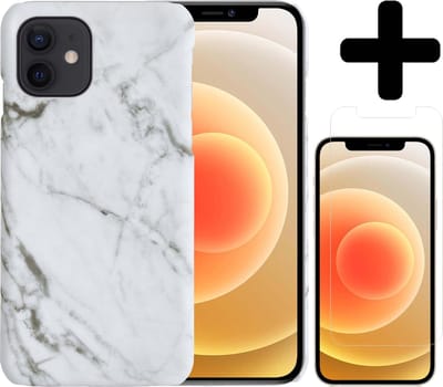 Hoesje Geschikt voor iPhone 12 Mini Hoesje Marmer Case Hard Cover Met Screenprotector - Hoes Geschikt voor iPhone 12 Mini Case Marmer Hoesje Backcover - Wit