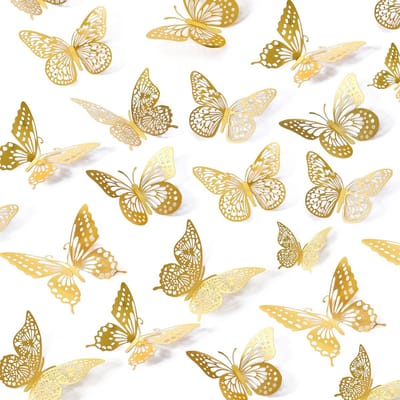 3D Vlinder Muurstickers – Set van 48 Gouden Vlinders – Verwijderbare Zelfklevende Muurdecoratie – Dubbelzijdig Gouden Papier – Voor Feest, Woonkamer, Kinderkamer en Slaapkamer