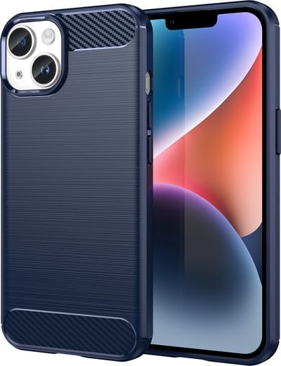 Cadorabo Hoesje geschikt voor Apple iPhone 14 in BRUSHED BLAUW - Beschermhoes van flexibel TPU siliconen in roestvrij staal-carbonvezel look Case Cover