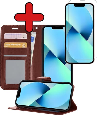 Hoesje - Met Screenprotector - Geschikt voor Apple iPhone 14 - Luxe Pasjeshouder - Flipcase - Bookcase Portemonee - Flip Case - Kunstleer Book Case - Book Cover - Walletcase - Portemonneehoes - Telefoonhoes - Bruin