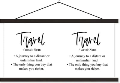 Posterhanger incl. Poster 60x30 cm - Schoolplaat - Spreuken - Quotes - A journey to a distant or unfamiliar land - Travel - Textielposter - Zwarte latten