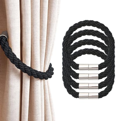 Set van 4 - Gordijnbinders - Sterke magnetische gordijnbinders - Gordijnringen - Gordijngespen - Minimalistische stijl - Gevlochten koord - Gordijnaccessoires - Geschikt voor gordijnen van verschillende diktes, voor thuis en op kantoor - 48cm - Zwart