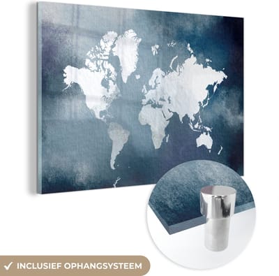 ® Glasschilderij 120x80 cm - Schilderij acrylglas - Wereldkaart - Aquarel - Blauw - Foto op glas - Muurdecoratie woonkamer - Wanddecoratie slaapkamer - Schilderijen