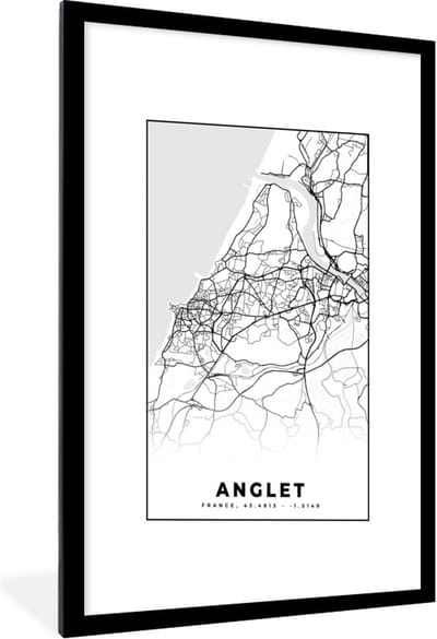 Fotolijst incl. Poster Zwart Wit- Anglet - Stadskaart – Plattegrond – Kaart – Frankrijk - Zwart wit - 60x90 cm - Posterlijst