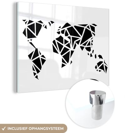 ® Glasschilderij 160x120 cm - Schilderij acrylglas - Wereldkaart - Geometrische vormen - Zwart - Wit - Foto op glas - Muurdecoratie woonkamer - Wanddecoratie slaapkamer - Schilderijen