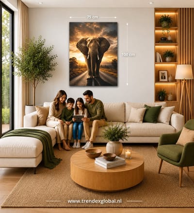 Canvas Schilderij Dieren - Olifant bij Zonsondergang - Premium Wanddecoratie - 75 x 100 cm