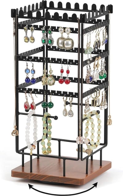 Draaibare 4-in-1 Sieradenstandaard met Opbergruimte voor Kettingen, Oorbellen, Horloges en Armbanden