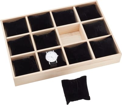 Houten horloge-organizer met 12 vakken - horlogehouder met verwijderbare fluwelen kussentjes - stapelbare sieraden- en armbandhouder - lade-opbergbox - horlogedisplaykast - zwart
