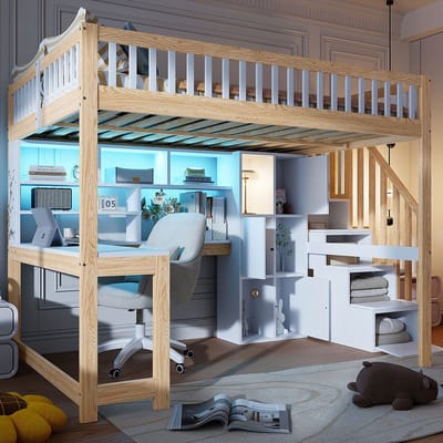 Hoogslaper, 140x200cm, met LED Verlichting, Opbergladder, Planken, Opbergvakken, Bureau, Zonder Matras, Wit + Naturel