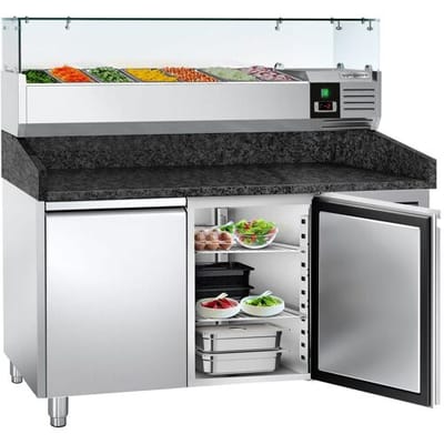 GGM Gastro Pizzakühltisch PREMIUM - 1500x800mm - mit 2 Türen - inkl. Kühlaufsatzvitrine - 7x GN 1/4 Zilver