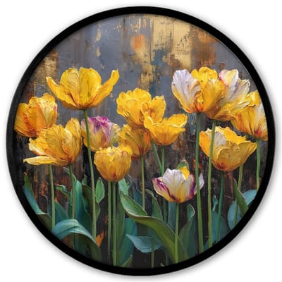 Poster in lijst Rond - Fotolijst 40x40 cm - Posters - Tulpen - Geel - Penseelstreken - Abstract - Ronde posterlijst zwart - Decoratie - Wanddecoratie woonkamer - Muurdecoratie slaapkamer