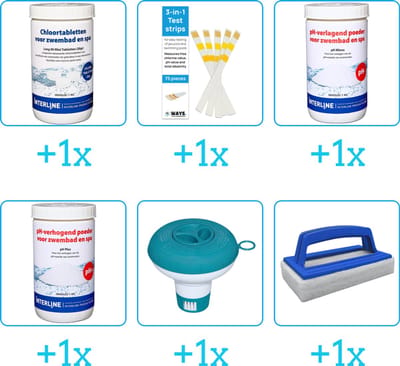 Zwembad Onderhoudspakket - Onderhoud Zwembad - bevat Chloor - Testrips - PH-min - PH-plus - Chloordrijver en Scrubborstel (6-delig)