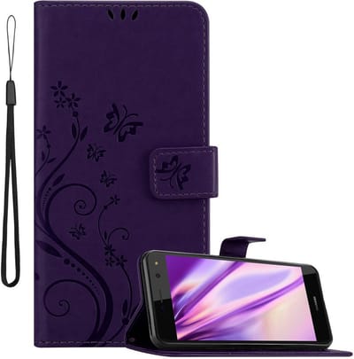 Cadorabo Hoesje geschikt voor Huawei Y5 2017 / Y6 2017 in BLOEMEN DONKER PAARS - Beschermhoes in bloemmotief met magnetische sluiting, standfunctie en kaartsleuven Book Case Cover Etui