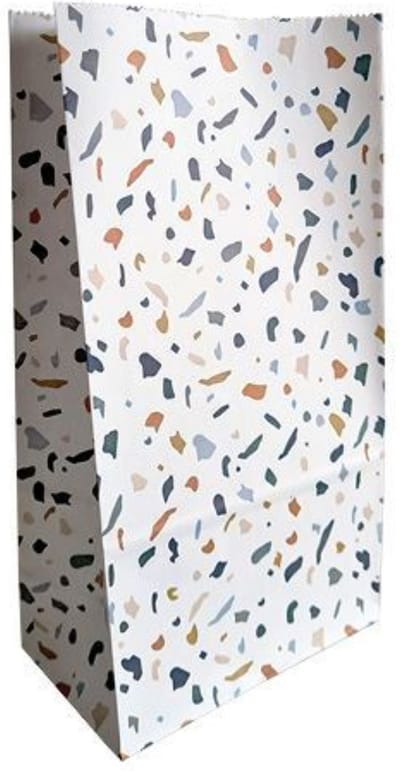 8 x Traktatie XL Papieren Blokbodemzakjes | Blauw Confetti Terrazzo | Cadeauzakjes | 14 x 8 x 26 cm