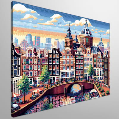 Pixel art amsterdam schilderij | Amsterdamse Pixelpracht: Kunstig meesterwerk in digitale stijl en kleur | Kunst - 20x20 centimeter op Canvas | Foto op Canvas