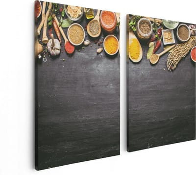 Artaza Canvas Schilderij Tweeluik Indiase Kruiden Op Een Zwarte Tafel - 80x60 - Foto Op Canvas - Canvas Print