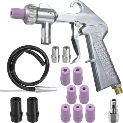 Complete zandstralers set met 8 keramische en 4 metalen spuitmonden, inclusief handschoenen en accessoires voor efficiënt zandstralen