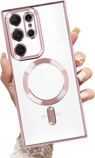 Hoesje Geschikt Voor Samsung Galaxy S23 Ultra hoesje Magnetisch Met Lens beschermer Transparant / Rose Goud – Magneet hoesje