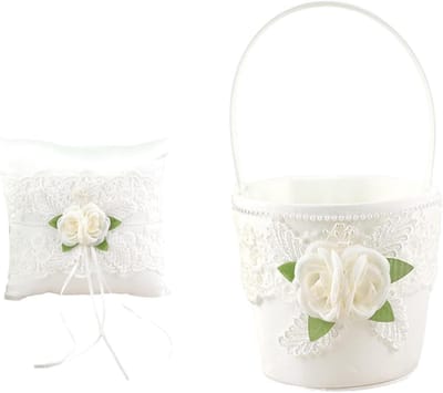 Bloemenmeisje Mand - Ring Kussen Set - Bruiloft Decoratie - Zijden Rozen Versierd - 20x20 cm Kussen - Wit