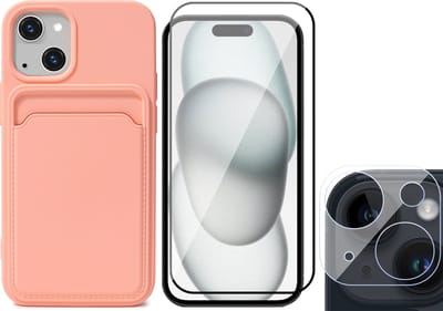 Hoesje Pasjeshouder geschikt voor iPhone 15 - Screenprotector FullGuard + Camera Lens Screen Protector - Siliconen Case Back Cover Roze