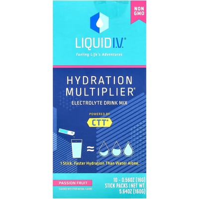 Liquid I.V., Hydration Multiplier, elektrolytendrankmix, passievrucht, 10 individueel verpakte sticks, 16g (0,56 oz) elk