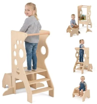Dailygoods 2-in-1 Keuken Opstapje, Multifunctionele Houten Leertoren & Montessori Stijl met Verwijderbare Beugels en 2-T