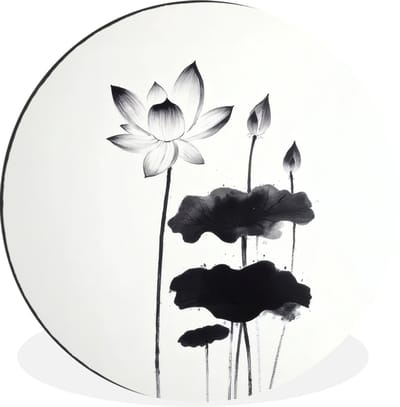 WallCircle - Wandcirkel - Muurcirkel - Bladeren - Zwart - Lotusbloem - Minimalitisch - Aluminium - Dibond - 30x30 cm - Binnen en Buiten