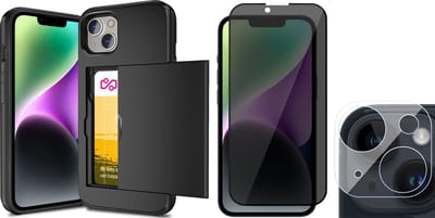 Hoesje met Pasjeshouder geschikt voor iPhone 14 - Privacy Screenprotector FullGuard & Camera Lens Screen Protector - Back Cover SlideCase Zwart