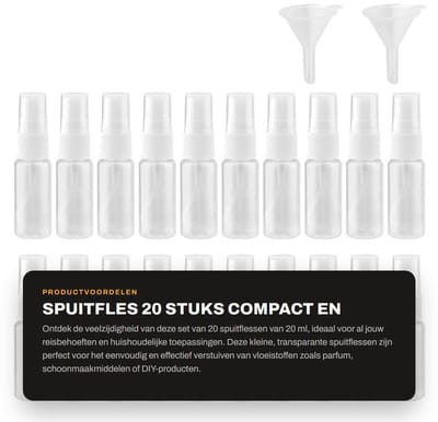 Dailygoods- Spuitfles 20 ml - 20 stuks - Kunststof - Compact - Met 2 trechters - Betrouwbare afdichting - Lichtgewicht - Sprayfles