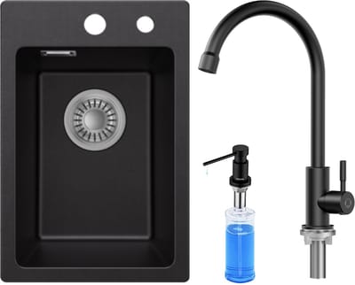 CECIPA max Granieten Spoelbakken 30x45cm Zwart - Spoelbakken Keuken Met Koudwater Keukenkraan- Wasbak Keuken Met Zeepdispenser 300ML - Met Kraangat - incl. Afvoerzeefje en Sifon