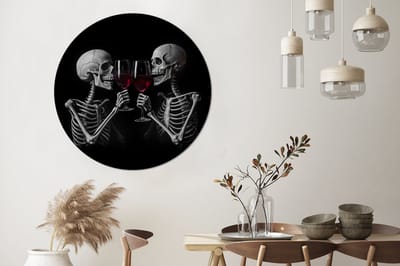 WallCircle - Wandcirkel - Muurcirkel - Skeletten - Wijn - Proost - Schedel - Zwart - Aluminium - Dibond - 140x140 cm - Binnen en Buiten