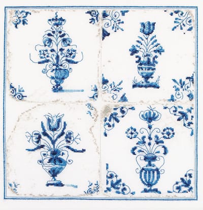 Thea Gouverneur - Borduurpakket met telpatroon - 483 - Voorgesorteerde DMC Garens - Delfts Blauwe Tegels - Linnen - 28 cm x 28 cm - DIY Kit