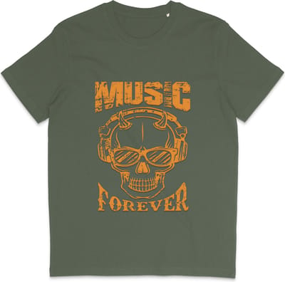 Heren Dames T Shirt - Skull Print - Quote Music Forever - Khaki Groen - XS