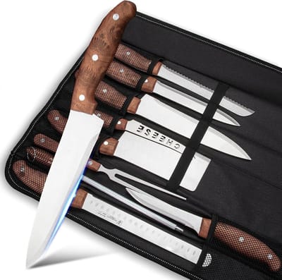 Royalty Line® K9C Messenset - 9 Delige Keuken Messensets met Opbergtas - Keukenmes - Koksmessen Set - RVS - Met Zak - RVS / Houtlook