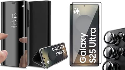 Hoesje geschikt voor Samsung Galaxy S25 Ultra - Screenprotector Glas & Camera - Spiegel Book Case Zwart