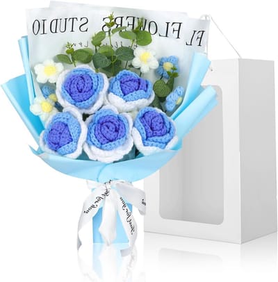 Gehaakt bloemen boeket - Gebreid boeket - Thuisdecoratie - Handgemaakt katoengaren - 30 x 99 x 348 cm - Blauw wit