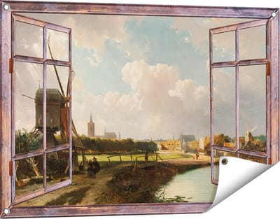 Gards Tuinposter Doorkijk Gezicht op Den Haag vanaf de Delftse Vaart in de Zeventiende Eeuw - Cornelis Springer - 90x60 cm - Tuindoek - Tuindecoratie - Wanddecoratie buiten - Tuinschilderij