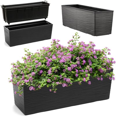 KADAX Bloembak van kunststof, 18,5 x 56 cm, plantenbak met inzetstuk, weerbestendige balkonbak, rechthoekige bloembak, bloempot voor buiten, gekerfd patroon, zwart