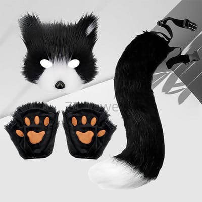 Nepbont Vosstaart Kat Wolf Cosplay Kostuum Set Pluche Masker Pluizige Poot Handschoenen Anime Accessoires Halloween Feest Voor Meisjes Vrouwen gray