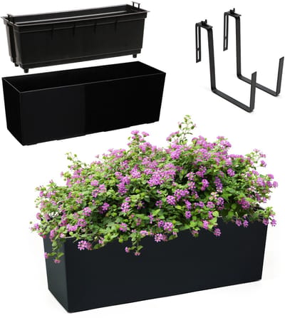KADAX Bloembak van kunststof, 18,5 x 56 cm, plantenbak met inzet, weerbestendige balkonbak, rechthoekige bloembak, bloempot voor buiten, met houders, glad patroon, zwart