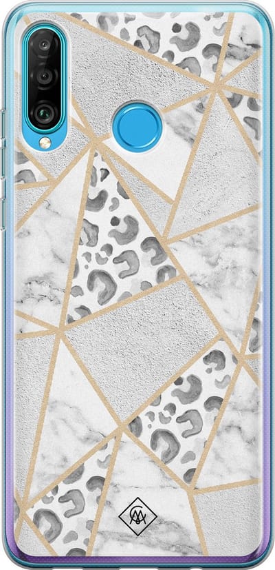 Casimoda® hoesje - Geschikt voor Huawei P30 Lite - Stone & Leopard Print - Siliconen/TPU - Soft Case - Bruin/beige - Luipaardprint