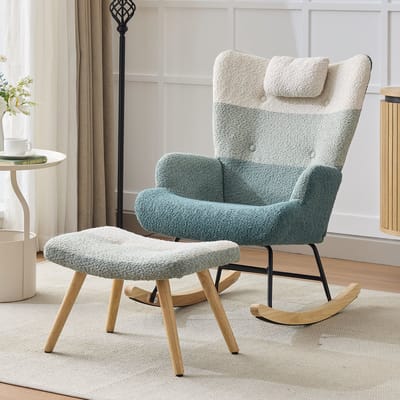 MODFU - Schommelstoel Met Voetenbank - Hoge Rugleuning En Zijvak - Gestreept - Woonkamer - Bouclé - Veelkleurig - 95 X 83 X 65,5 Cm