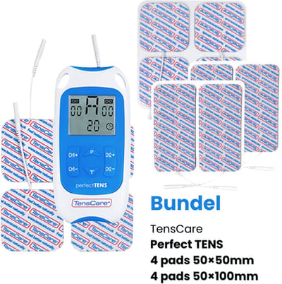 TensCare - Bundel Perfect TENS + 4 pads 50×50mm (1 set) + 4 pads 50×100mm (1 set) | TENS apparaat | Pijnverlichting | Elektrodentherapie | electroden pads tens | elektrodenpads | Zelfklevende Elektroden Pads