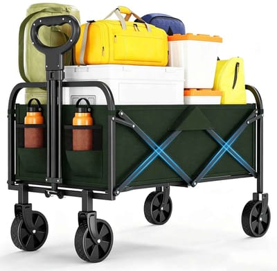 CORE Opvouwbare Campingkar - 220 Liter Bolderkar met Wielen - Maximaal 170KG belastbaar - Verstelbare Handgreep en Drinkhouders - Inklapbare Tuinwagen voor Kamperen, Strand, Tuin, Boodschappen en Outdoor Gebruik - 51x76x91.5cm - Groen
