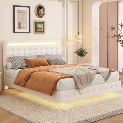 MEUNIQ bedframe 140x200 cm met LED-verlichting, verstelbaar hoofdbord in 3 hoogtes, lattenbodem en zwevend design voor slaapkamer, wit