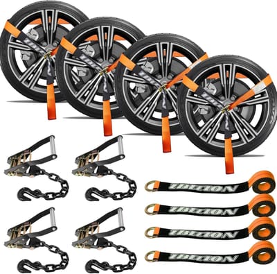 Autospanbanden 4-pack voor aanhangwagens met zware kettingankers - Verstelbare wielriemen 5 x 244 cm - Veilig tot 1,5 kg belastbaarheid - Oranje