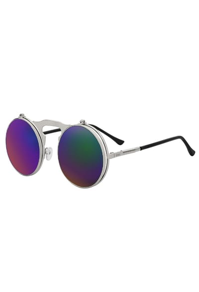KIMU® Ronde Zonnebril Flip Up - Zilver Montuur Rond - Oliekleurige Spiegelglazen 50Mm - Vintage Steampunk Retro Opklapbaar Bril Regenboog Festival