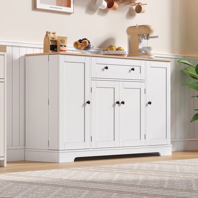 REDOM Sideboard 138 cm Natural/White MDF – Multifunctioneel keukenkast met 4 opbergruimten & anti-kantel