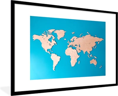 Poster in lijst - Fotolijst 90x60 cm - Posters - Wereldkaart - Houtkleur - Blauw - Posterlijst zwart - Decoratie - Wanddecoratie woonkamer - Muurdecoratie slaapkamer
